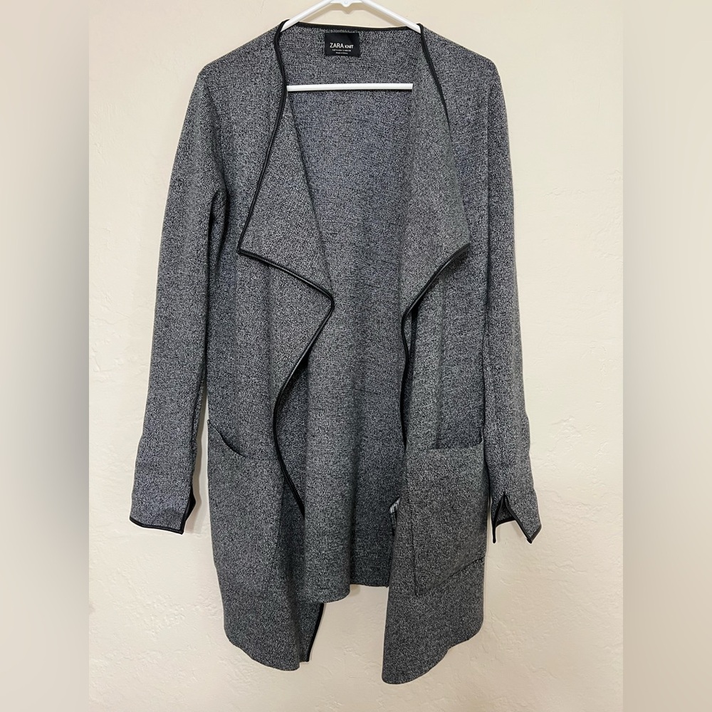 Zara Heather Gray Open Drape Cardigan with Black Trim
